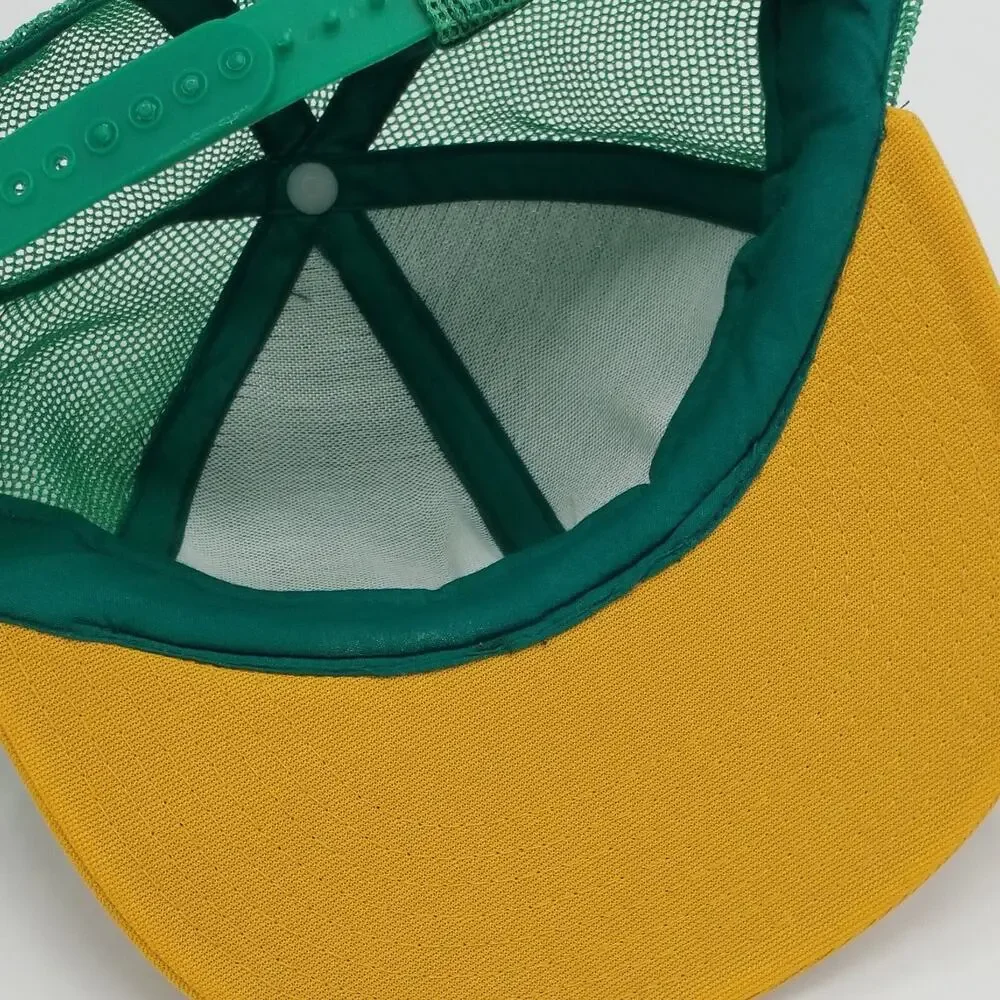 Vintage 70s Blank Trucker Hat Green Yellow Two Tone Mesh Snapback Cap VTG